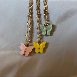 🦋Trio of Gold tone 16” Necklaces with Pastel Butterfly Pendants🦋